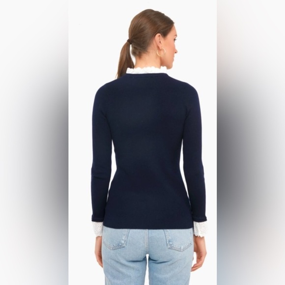 Tuckernuck Navy Rosemary Eyelet Lace Ribbed Crewneck Sweater Feminine Preppy M - Picture 8 of 12